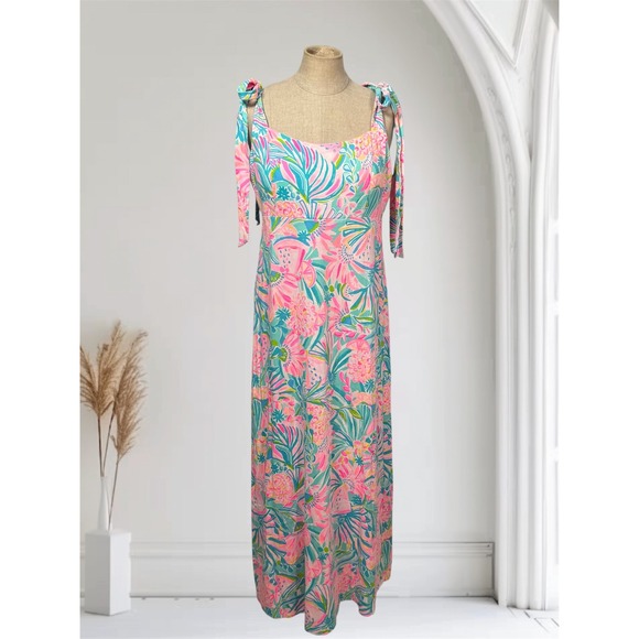 Lilly Pulitzer L‎ Maleka Maxi Dress Tropical Punch Floral Smocked Adjustable Tie - Picture 2 of 12